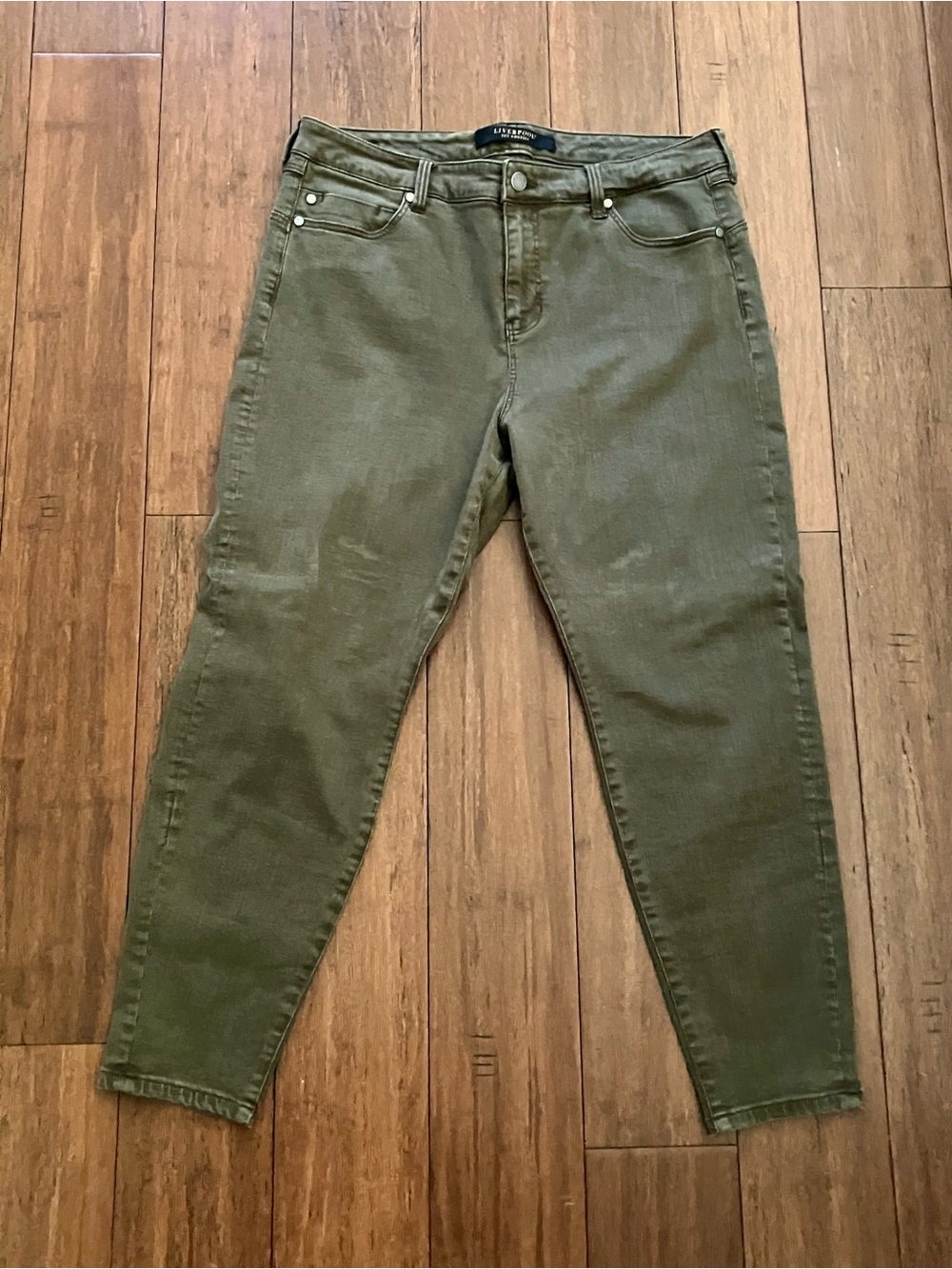 LIVERPOOL Jeans Women’s 14/32 The Skinny Pull-On Olive Green Faded Stretch Denim